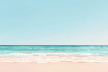 serene ocean scene features gentle pastel waves lapping against soft sandy shore under clear blue sky