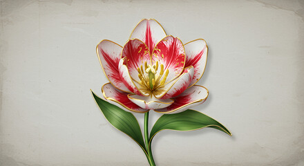 A captivating 3D illustration of a delicately graceful red-white tulip flower, bursting with full bloom and adorned with intricate gold accents on its petals.