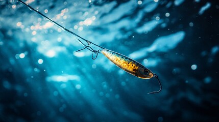 Close-up of a fishing lure drifting underwater, illuminated by deep blue light rays and surrounded by floating bubbles, creating a dynamic and atmospheric scene.