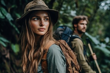 Fototapeta premium beautiful woman and handsome man hiking in the mountain forest