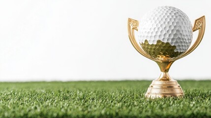 A golden trophy stands prominently on grass, symbolizing achievement in golf, with a golf ball resting atop it.