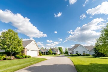 Obraz premium serene suburban neighborhood street lined with well-maintained homes and green lawns