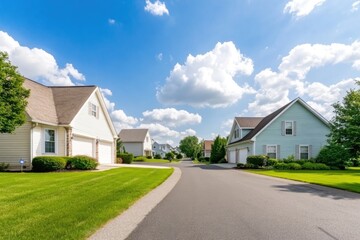 Fototapeta premium serene suburban neighborhood street lined with well-maintained homes and green lawns