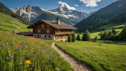 Obraz premium Mountain chalet and green meadows landscape in the Alps with wooden home