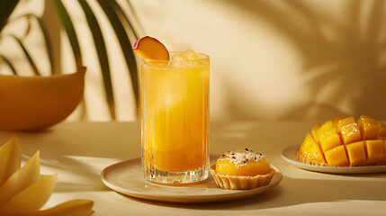 Fototapeta premium Tropical drink with small pies, yellow tones, and palm shadows create a bright and sunny atmosphere.