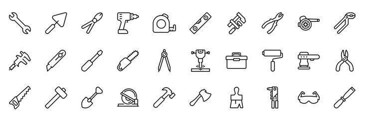Tool and Instrument web line icons set. Building Tools editable stroke icon. Working tools symbols. Instrument simple icons. Vector illustration icons.