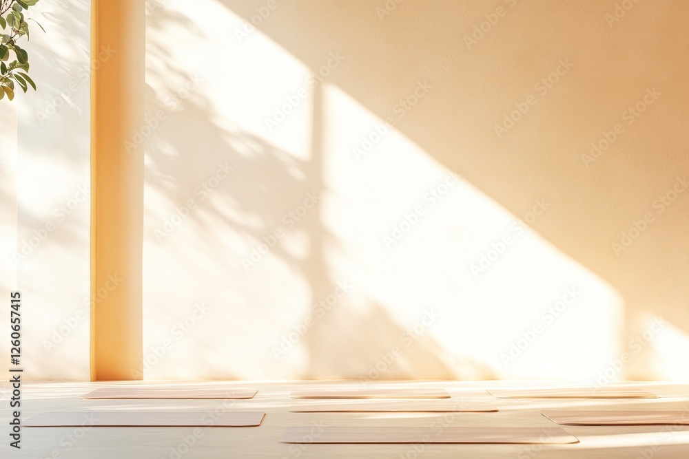 Poster serene yoga studio with natural light filtering through large onto mats arranged neatly on floor sur