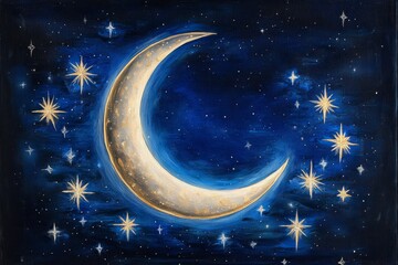 Fototapeta premium Celestial Crescent Moon Shimmer - A dreamy crescent moon shines brightly against a deep navy celestial background, surrounded by sparkling stars. Symbolizing dreams, serenity, magic, hope, and night