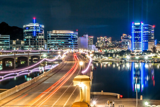 Skyline of mesa city near phoenix city in arizona at night
