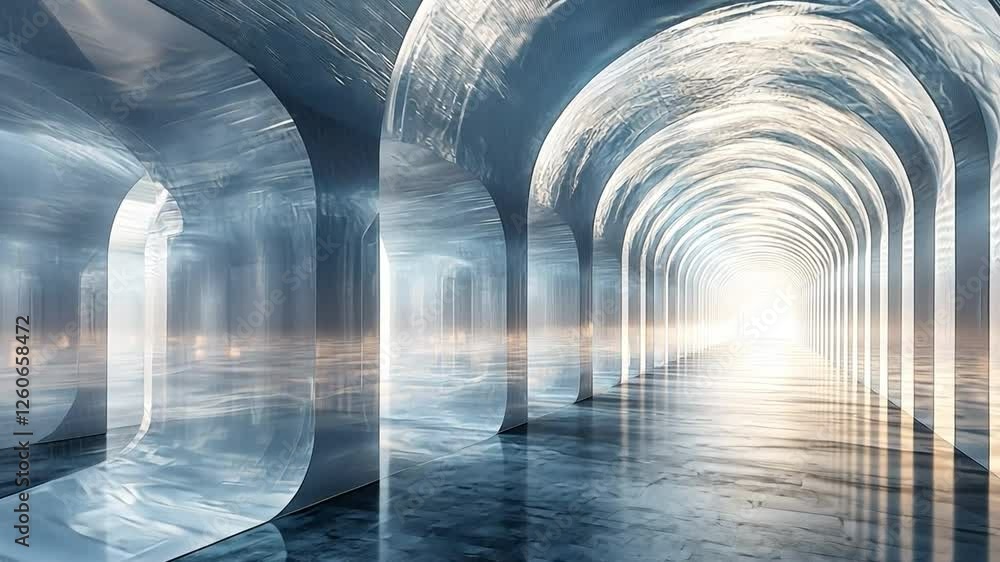 Aufkleber Archway of Light: A mesmerizing, futuristic architectural rendering of a long corridor with arched doorways, bathed in ethereal light. The reflective floor enhances the sense of depth and mystery.