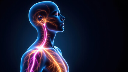 VNS - Vagus Nerve Stimulation visualized with medical animation of a human head and neck showing electrical currents.