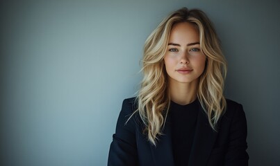Portrait Of Young Woman With Curly Hair In Dark Blazer Against Light Gray Wall
