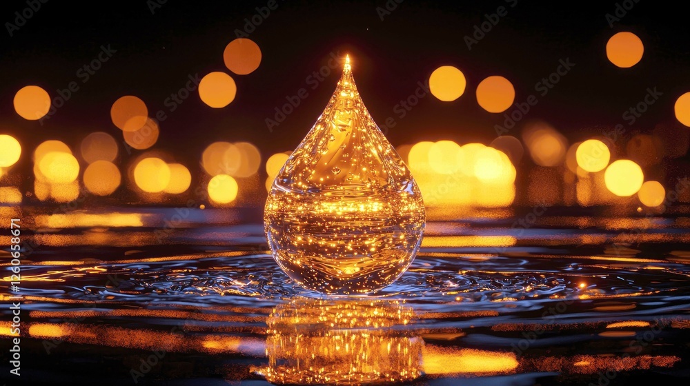 Poster golden water drop: night reflection with bokeh lights. a captivating image of a single water droplet