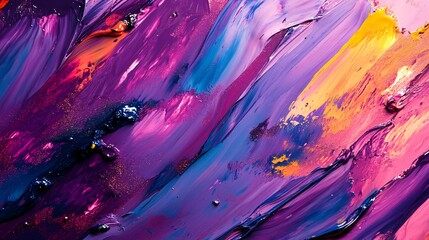 Vibrant abstract painting with bold strokes of purple, pink, blue, and yellow acrylic paint, creating a dynamic textured composition.