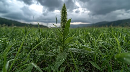 Obraz premium Single plant in grassy field, stormy sky, mountains background; nature photography