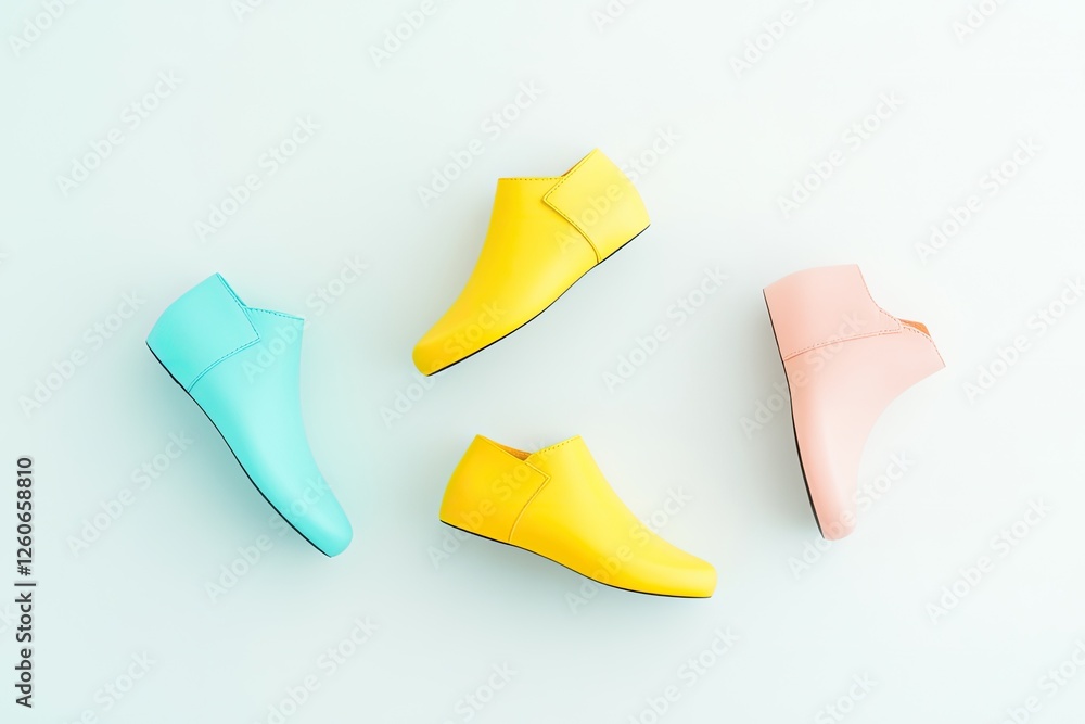 Poster vibrant photo of ballet flats displayed in symmetrical pattern on plain white background with ample 