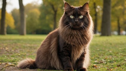 Chocolate british longhair cat in the park