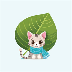 Fototapeta premium Cute cartoon cat wrapped in a scarf, hiding under a big leaf