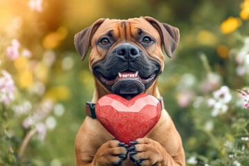 Fototapeta premium Cute boerboel canine with diamond red heart on a walk in a spring green space. Marketing domestic animal pattern. Boerboel - my treasured dog, symbol of friendship. Cute dog with red heart.