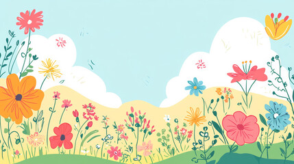 Spring background happy colorful nature, pastel colors, leaves, flowers illustration
