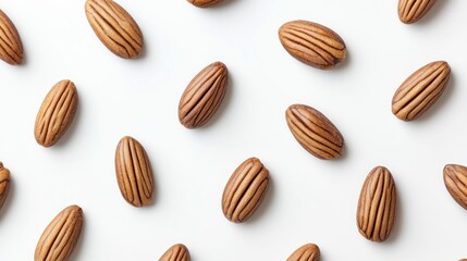 Almonds arranged on white background; food photography;  healthy snack; studio shot