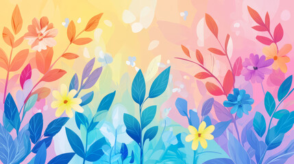Spring background happy colorful nature, pastel colors, leaves, flowers illustration