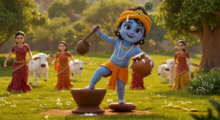 A cinematic 3d cartoon style image of a playful young Krishna with a mischievous smile, holding a small pot of butter in one hand while balancing on a wooden mortar.