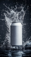 Mockup of Empty White Aluminum Drink Can with Water Splash on Dark Background with Space for Text
