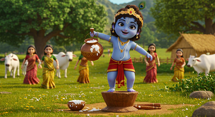 A cinematic 3d cartoon style image of a playful young Krishna with a mischievous smile, holding a small pot of butter in one hand while balancing on a wooden mortar.