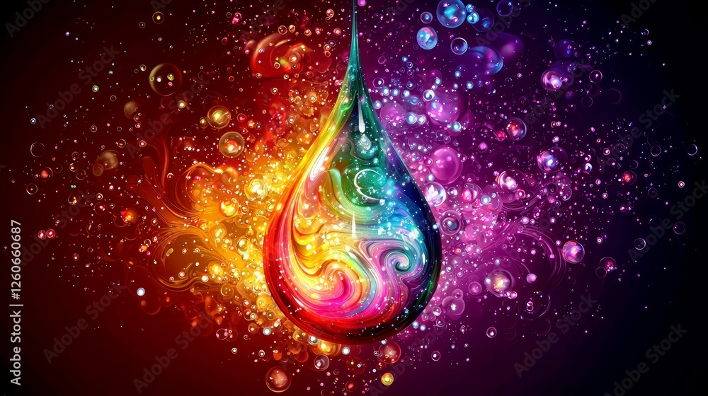 Poster vibrant rainbow drop: abstract colorful background with bubbles and galaxy-like elements