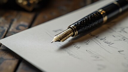 A black and gold luxury fountain pen resting on a handwritten document, symbolizing elegance, professionalism, and the art of writing.