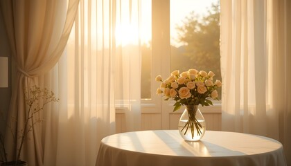A glass vase with soft pink roses on a round table near a window with sheer curtains. Warm sunlight creates a serene and romantic atmosphere.