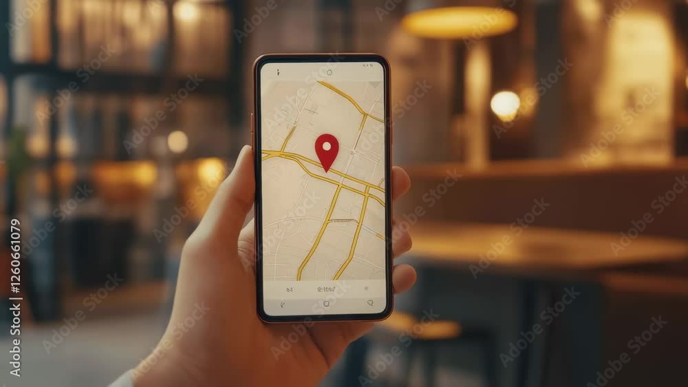 Poster Hand holding smartphone displaying digital map with glowing location pin while browsing online restaurant menu, revealing wireless technology and digital navigation lifestyle