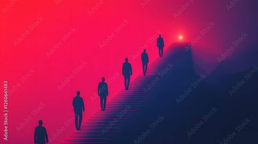Poster silhouetted figures climbing glowing ladder symbolizing unity and shared goals