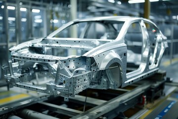 Fototapeta premium Assembly line car frame in industrial setting. Neural network AI generated