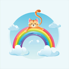 Fototapeta premium Magical cat with a rainbow tail, happily floating in the sky
