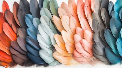 Colorful arrangement of diverse feathers in varied shades and textures