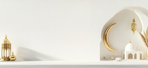 Elegant Ramadan Background Golden Crescent Moon Mosque eid art holy hope calm islam white
