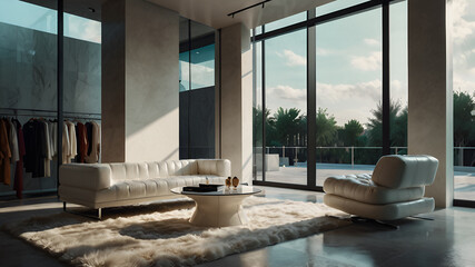 A high-end boutique interior with a sophisticated modern design, featuring plush white leather seating, a glass coffee table, and a soft fur rug, illuminated by natural light.