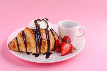 Delicious Croissant with Coffee and Strawberries - Indulge in a delightful breakfast of a flaky croissant topped with chocolate and whipped cream