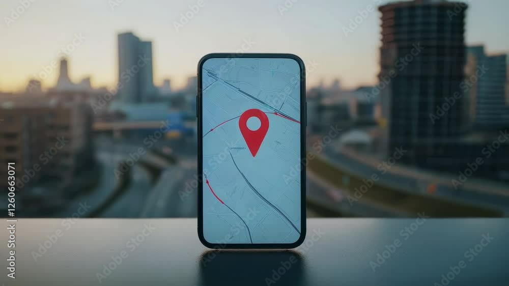 Poster Navigation app on smartphone displays current location on map with blurred cityscape in background during sunset, captured in a slow motion sequence