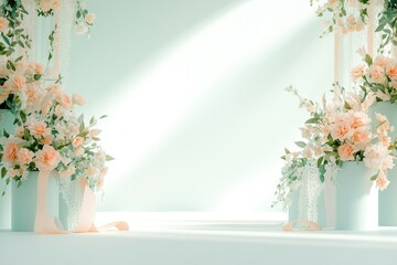 elegant 3d wedding decorations in soft pastel hues adorn serene open space with ample soft natural light illuminating