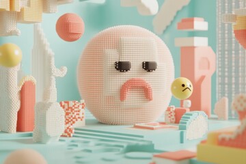 Pixelated Sad Emoji With Bold Outlines on Teal Background Featuring Abstract Retro Shapes