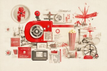 Retro-inspired Collage Featuring a Projector, Film Tickets, and Vintage Popcorn Box on a Textured Background