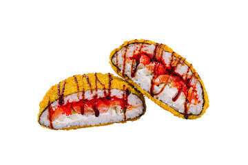 Two sushi rolls covered with panko breadcrumbs lying on white background
