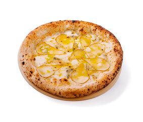 Delicious pizza topped with thinly sliced pear and creamy cheese served on a wooden platter at a cozy restaurant