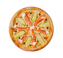 Unique pizza topped with salmon, cucumbers, and creamy cheese on a wooden serving board