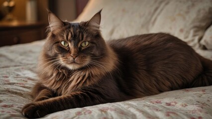 Obraz premium Chocolate british longhair cat lying on bed in the bedroom
