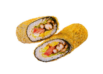 Unique fusion sushi rolls stuffed with seafood and vegetables presented on a clean background
