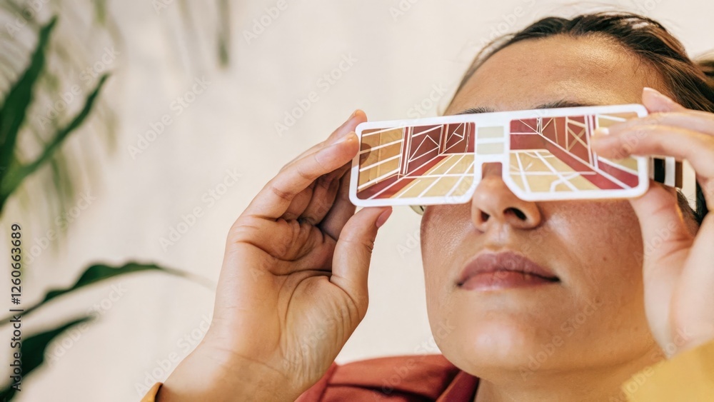 Poster a concentrated expression on a persons face as they engage with augmented reality glasses displaying